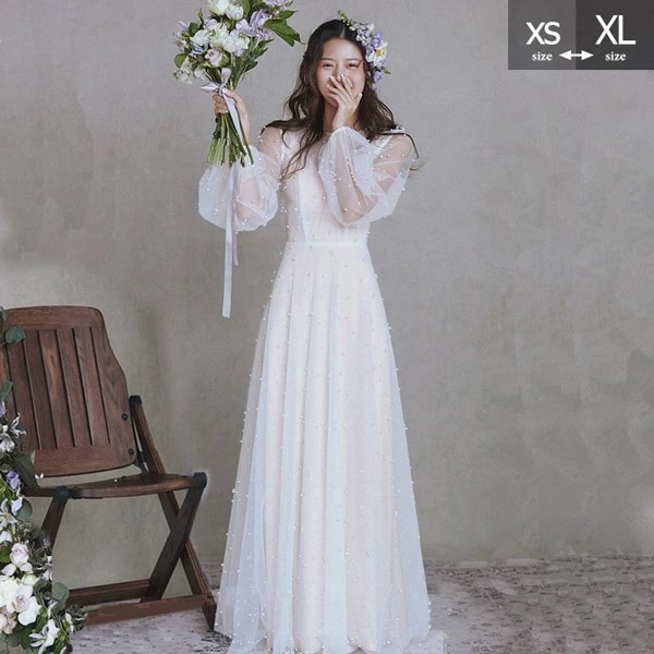 ウェディングドレス 花嫁 長袖 シンプル 白ドレス Vネック ワンピース 花嫁 結婚式 二次会 披露宴 前撮り 後撮り 撮影用 ビーチフォト フォトウェディング レース ドレス ロング ロングドレス