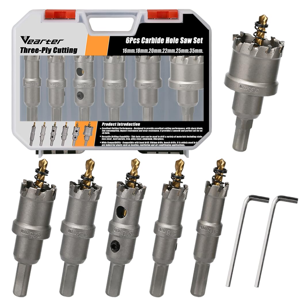Vearter 6本組 16-35mm ホールソーキット 超硬ホールソーセット TCT ビット 穴開けドリル パイロットドリル付き ステンレス鋼 硬質金属 鉄 軟鋼 アルミニウム 合金 プラスチック