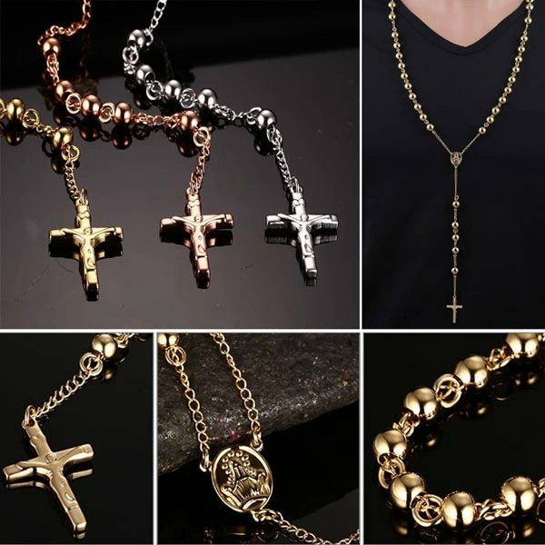 セイントロザリオネックレス 十字架 クロス 銀色 金色 揺れる チャーム アクセサリー 男性 女性