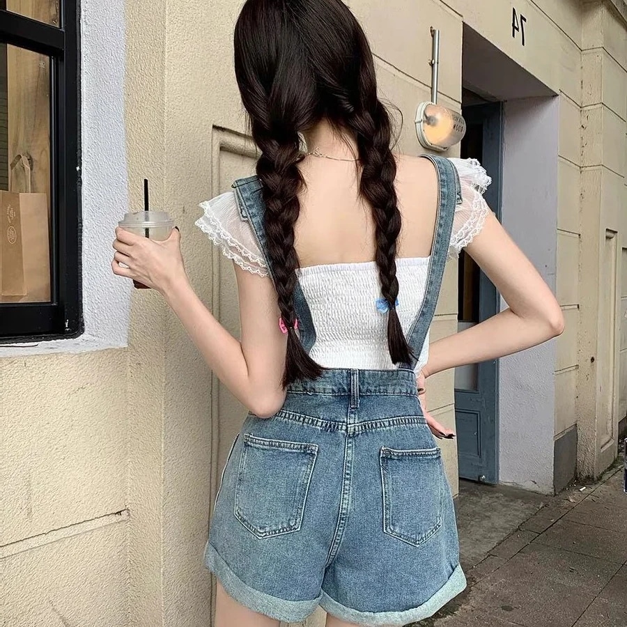 レディース用レトロデニムオーバーオールショートパンツ2025年春の新作スタイルハイウエストゆったりとしたフィット感ロールアップヘムワイドレッグホットパンツ