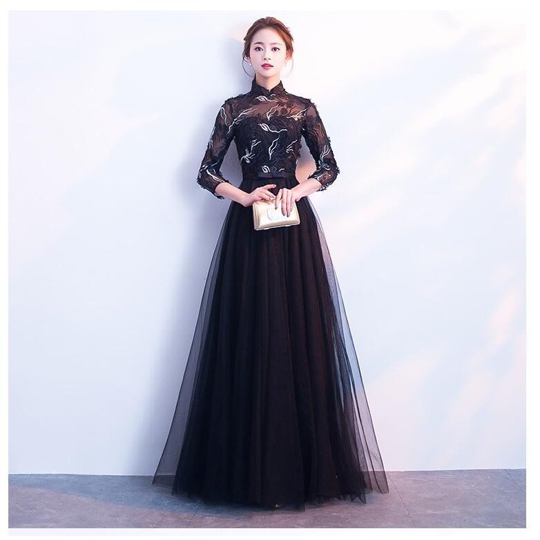 立ち襟 ウエディングドレス ロング丈ドレス 袖あり パーディードレス 結婚式 披露宴 二次会 謝恩会