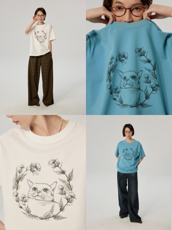 オモントエッグタルトレトロ猫手描きプリント半袖Tシャツ春夏ニッチラウンドネックルーズカジュアルトップ