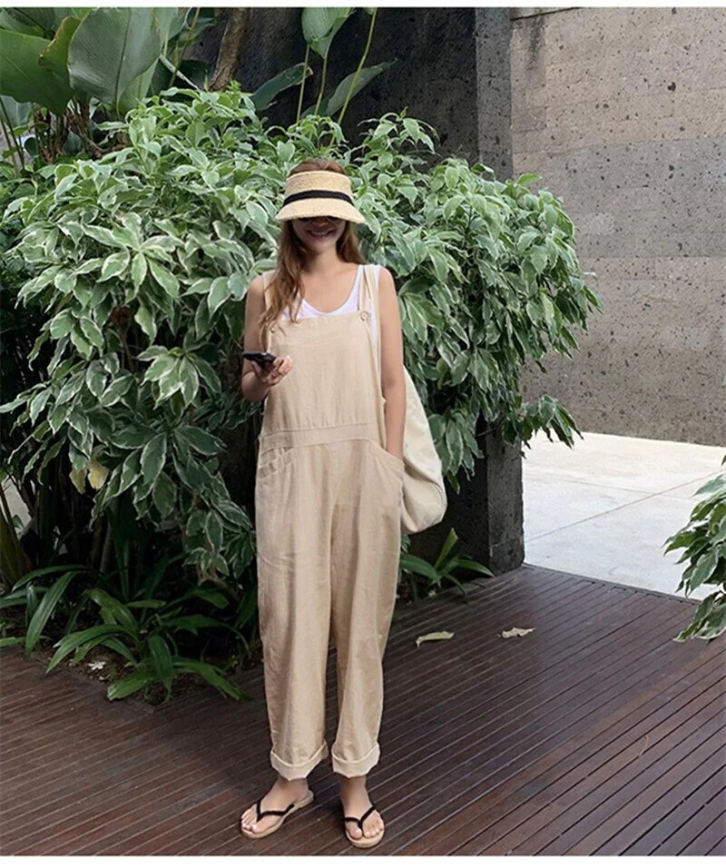 パンツ サロペット レディース ワイド ベージュ 黒 オールインワン オーバーオール シンプル カジュアル おしゃれ ゆったり 綿 麻 大人可愛い ラフ 楽ちん 体型カバー 普段使い S M L XL