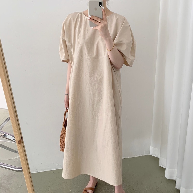 ワンピース レディースファッション 春 夏 ロング 半袖 パフスリーブ ラウンドネック ストレート 無地 シンプル 大人可愛い きれいめ リゾート ゆったり マタニティ ブラック ベージュ 5,491円