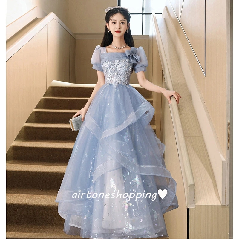 結婚式ドレス 二次会ドレス ブルー ロングドレス イブニングドレス 水色 発表会ドレス ロング リボン 花柄 フレア フリル 可愛い ミモレ丈ドレス 成人式ドレス 同窓会 謝恩会 パーティードレス A