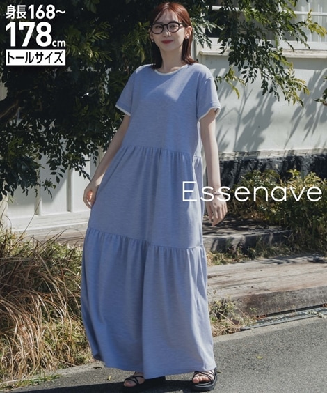 ロング・マキシ丈/半袖 高身長　鹿の子ティアードフレアワンピース トールサイズ Essenave