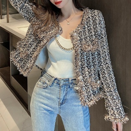 ノーカラージャケット チェック アウター バイピング 襟なし フリル フリンジ ボタン 大人 エレガント レトロ 上品 謝恩会 発表会 同窓会 S M L 高見え 韓国 韓流 オルチャン インスタ映え