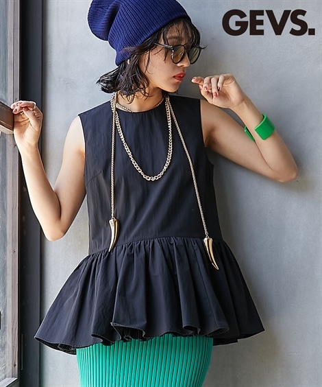 シャツブラウス 大きいサイズ ペプラムフリルノースリーブブラウス GEVS.