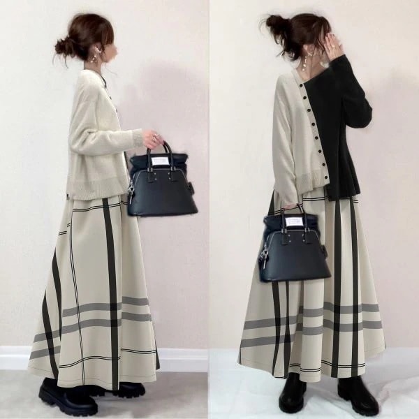 【 今季大注目のアップ】 トレンドアイテム おしゃれ度アップ 切り替え チェック柄 混色 ロング 2点セット レディース 秋冬