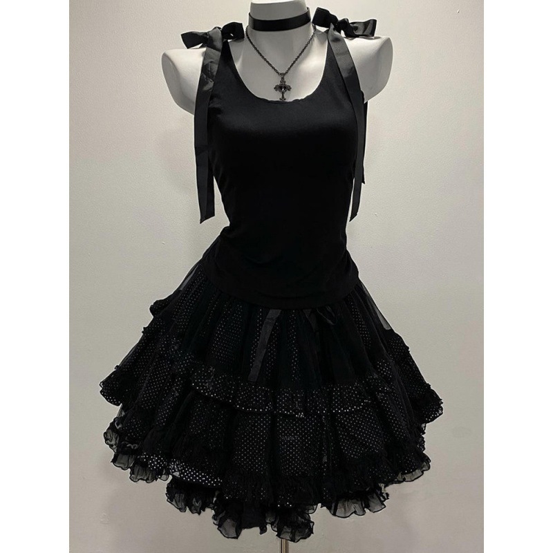 【送.料.無.料.急速発送】レトロブラックキャミソールトップススカートスーツキャミワンピースタンクトップ レディース