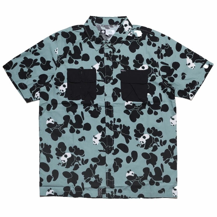 LRG 半袖シャツ メンズ 春夏用 緑 大きいサイズ エルアールジー 柄シャツ アロハシャツ おしゃれ 総柄 大人 パンダ イラスト 動物 迷彩柄 カモフラ カモフラージュ