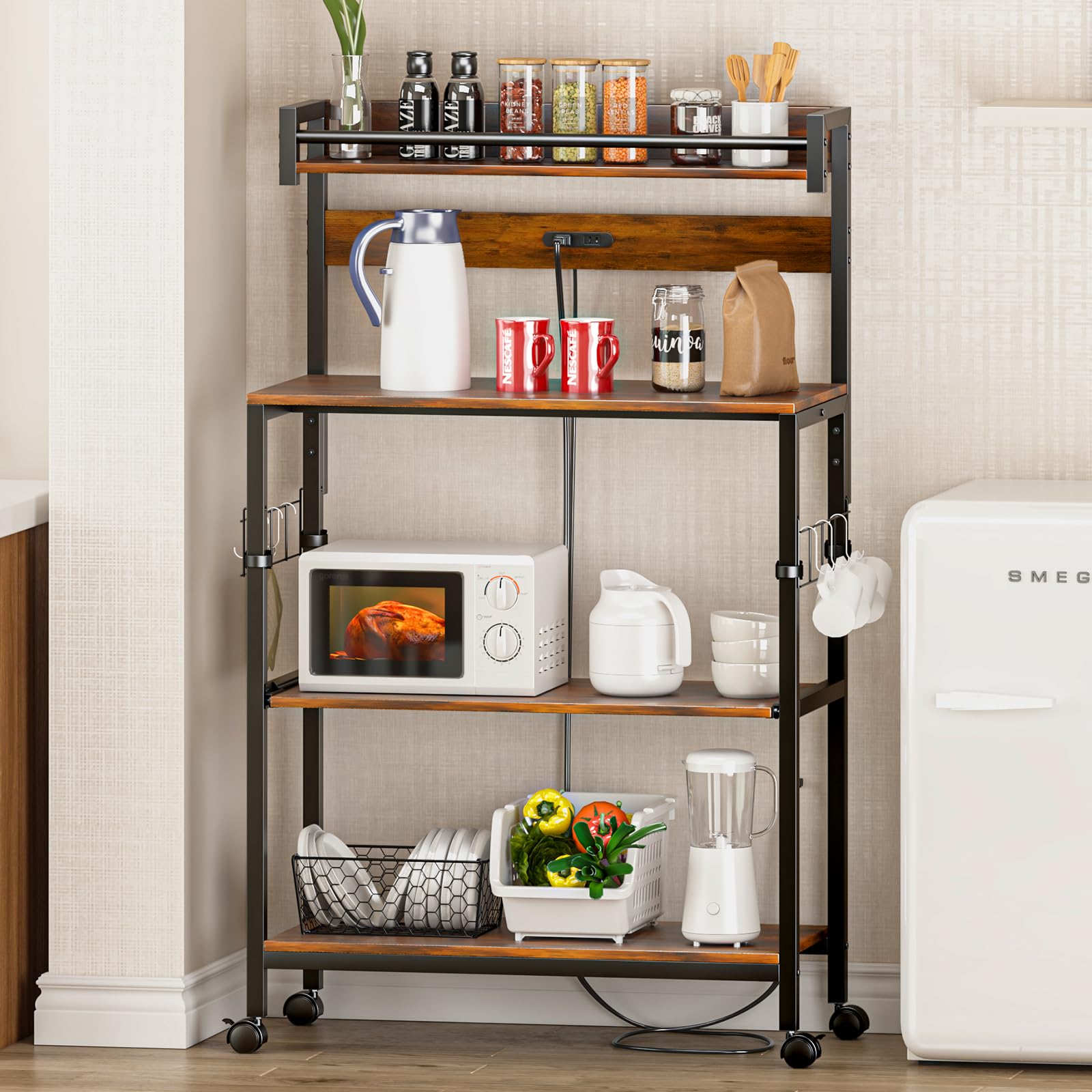 LunarLight キッチンベイカーラック 幅80奥行き39高さ130cm 2口コンセント付き 棚板レールでスライド式 Sフック5個 ストッパーキャスター2個 アジャスターフェルト付き キッチンラ