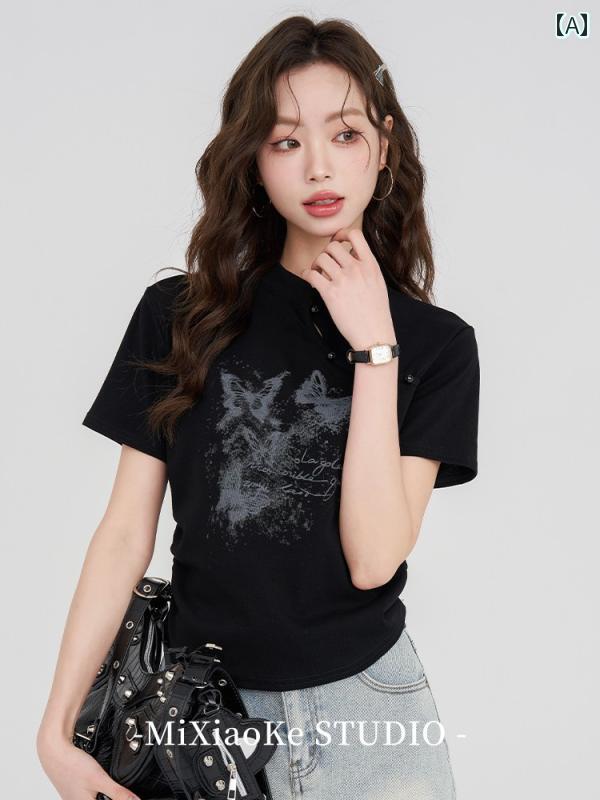 半袖 Tシャツ レディース ガーリー 夏 シック ショート トップス 蝶々 カジュアル ストリート トレンド ファッション シンプル チャイナ風