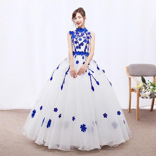 豪華なカラードレス ウェディングドレス 可愛い花びら ロングドレス 二次会 演奏会 ステージ衣装 レガント 露背 エンパイア 姫系-416