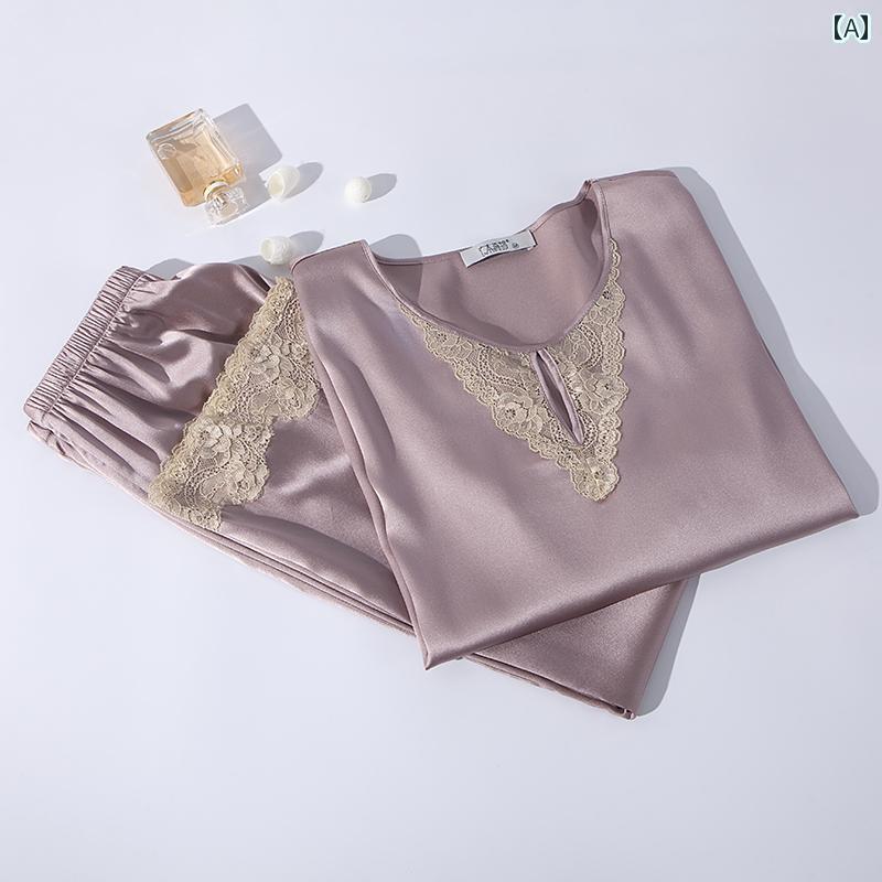 レディース　シャツ　レース シルク ストレッチサテン パジャマ 春秋 レディース ツーピース セット 魅惑的 夏の 長袖 プルオーバー 桑 シルクレース ホーム 服 シンプル