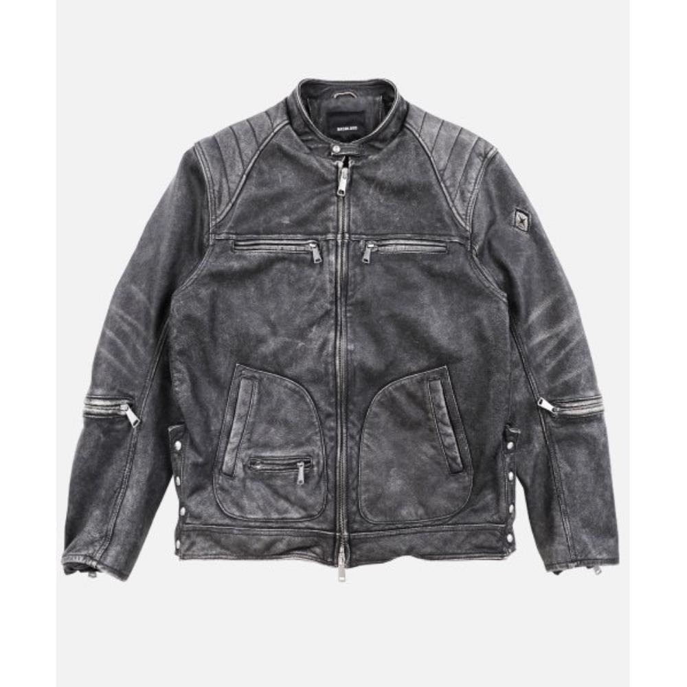 BADBLOOD Cracked Leather Racing Jacket Smoky Black w-jkt