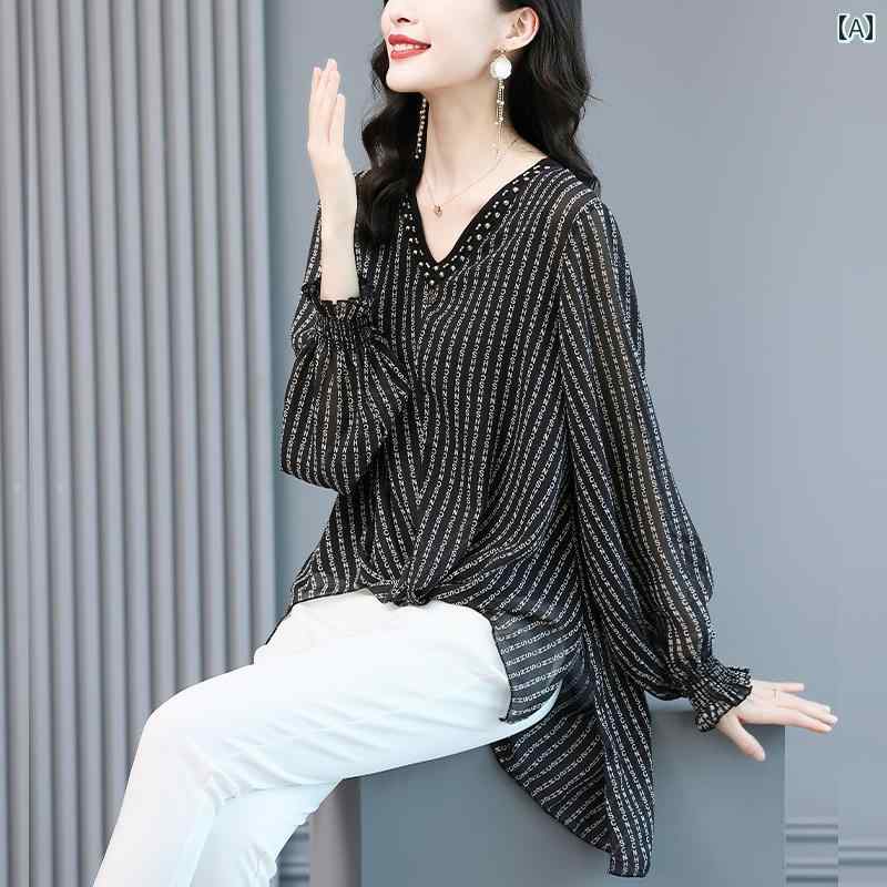 レディース シフォン シャツ レディース お腹カバー Vネック トップス ストライプ 丈 カジュアル