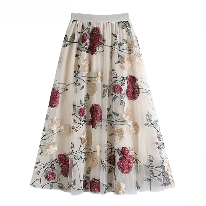 ボトムス スカート ミディアム丈スカート フレアスカート ウエストゴム 揺れる Aライン シースルー 刺繡 可愛い かわいい 大人可愛い きれいめ シンプル 上品 おしゃれ かっこいい カジュアル