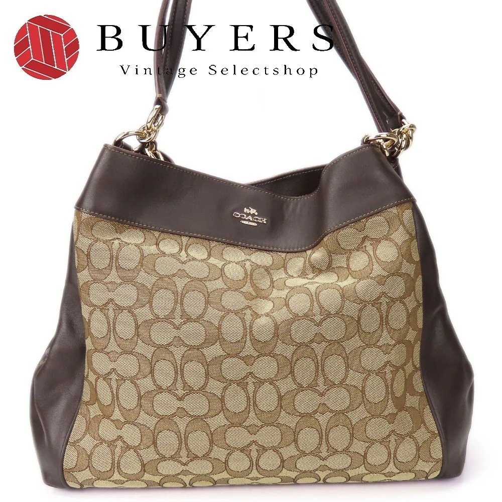 中古 トートバッグ F57612 シグネチャー キャンバス レザー ダークブラウン ブラウン ゴールド金具 肩掛け 普段使い レディース 女性