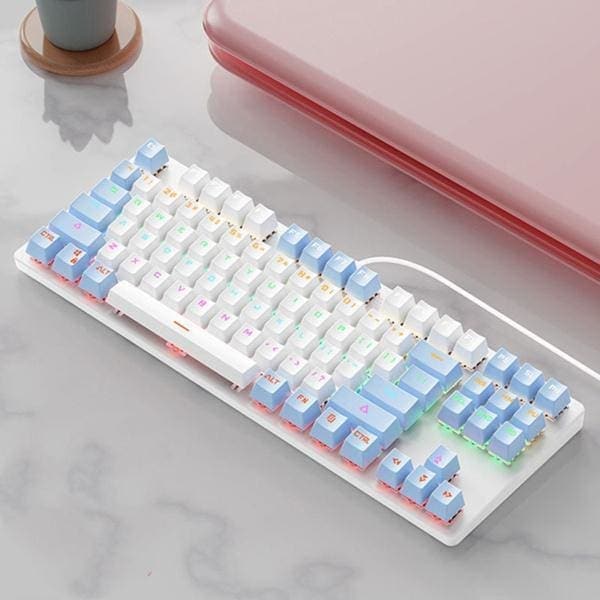 韓国ペンケース USB87キーブルーアクシスかわいい有線ゲーミングキーボード静かなデザインブルー+ホワイト