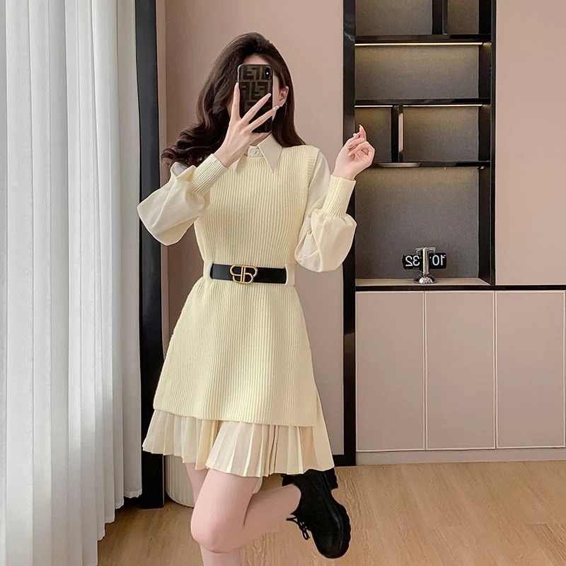 冬のワンピース フレンチボトムスニットワンピース冬新作レディースウエストセット秋冬ショートプリーツスカート 韓国ファッションワンピースドレスニットワンピ
