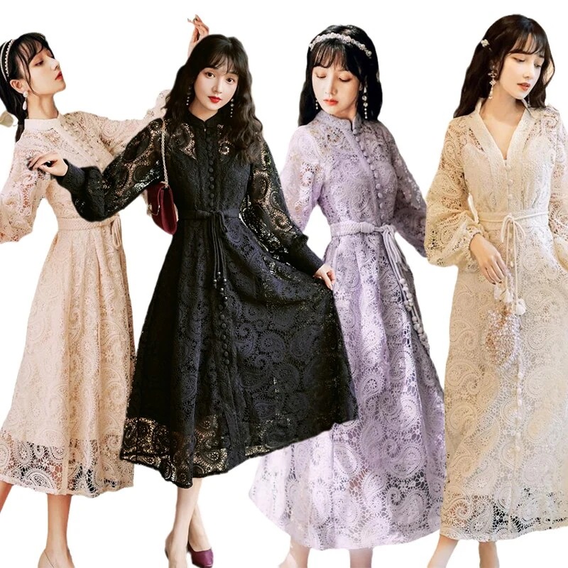 レースワンピース チャイナ風ワンピース ロング 入学式 結婚式 長袖/半袖 チャイナ服普段着 腰括れ