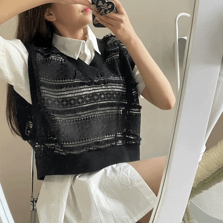 [レイヤード ユニセックス] Vネック ケミカル クロップ ベスト ニット ベスト(3color)