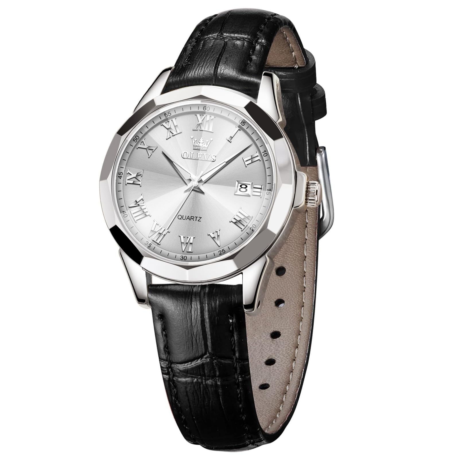 OLEVS 腕時計レディース 防水 オシャレ 人気ファッション女性用うで時計 アナログクオーツ ローマ字文字盤時計 ホワイト Women Watch ビジネス夜光腕時計 黒革ベルト かわいい 時計