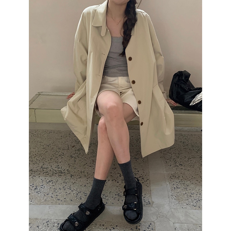 シンプルテンセルウインドブレーカー韓国風ラペルミドル丈ジャケットa4143