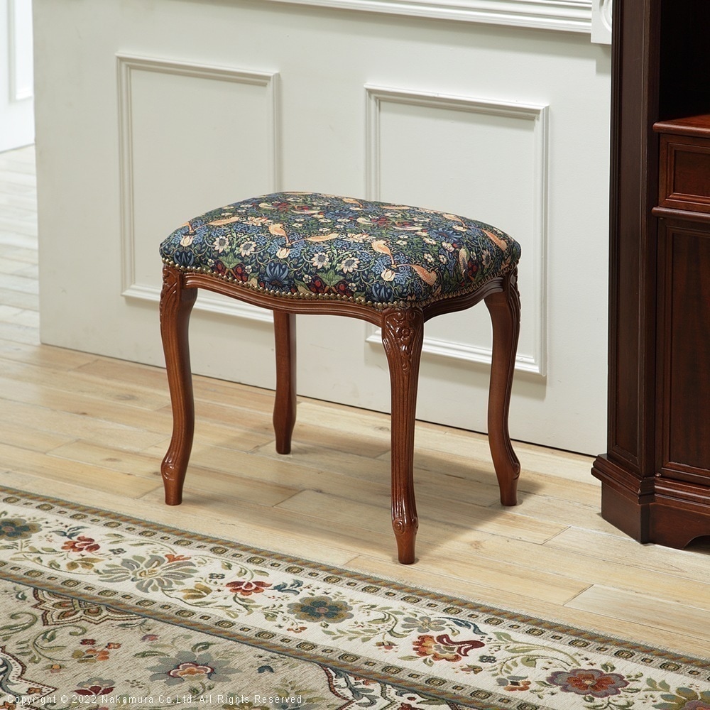 椅子 チェア エレガント アンティーク イタリア製 クラシカル 高級感 スツール 木製 おしゃれ ブルー 猫脚 ウィリアムモリス いちご泥棒 天然木 完成品