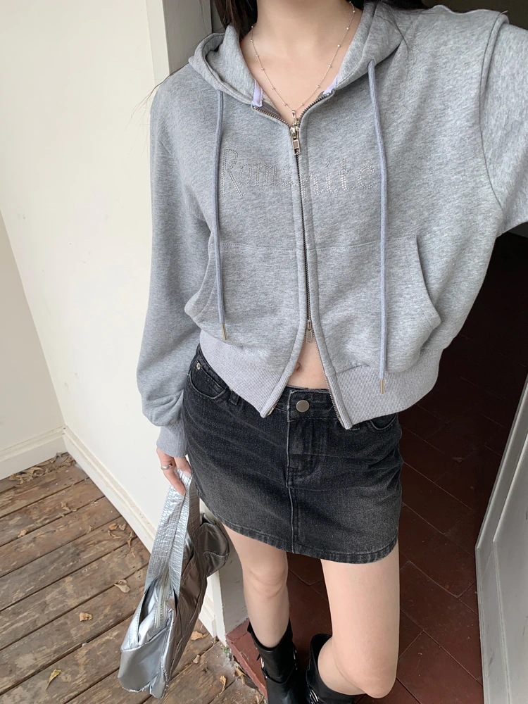 秋冬トップスかわいいパーカー フード付き韓国風長袖細見え白黒おしゃれレトロチャックシルエット 大人っぽ韓国ダブルサイズファッション系ルーズレディースサイドお出かけ学生通学トラック羽織り