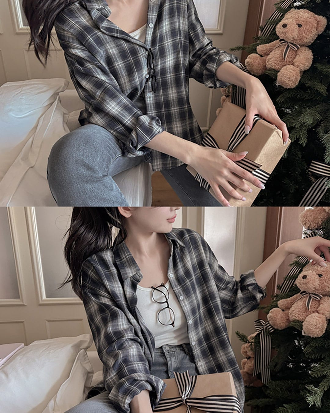 オーバーフィットチェック柄起毛シャツ韓国ファッション レディース