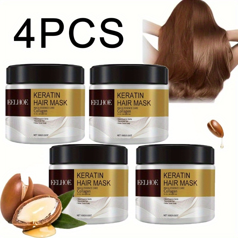 アルガンオイルとマカエッセンス配合の4パックケラチンコラーゲンヘアマスク - ダメージヘア用の保湿トリートメント - すべての髪質に適しておりユニセックス - 総重量400g