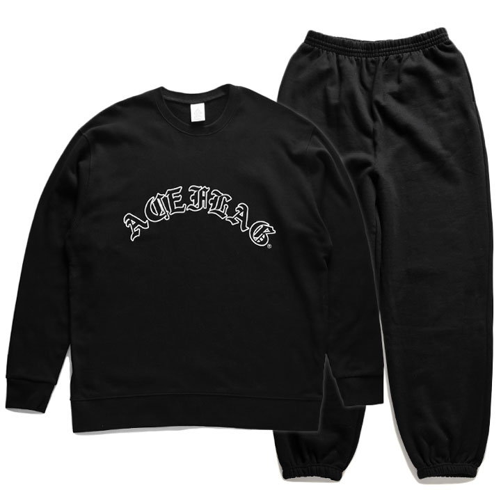 ACE FLAG 上下セット 長袖 ブランド メンズ 春秋冬用 黒 大きいサイズ エースフラッグ セットアップ トレーナー 上下 オールド文字 ワンポイント ブランドロゴ