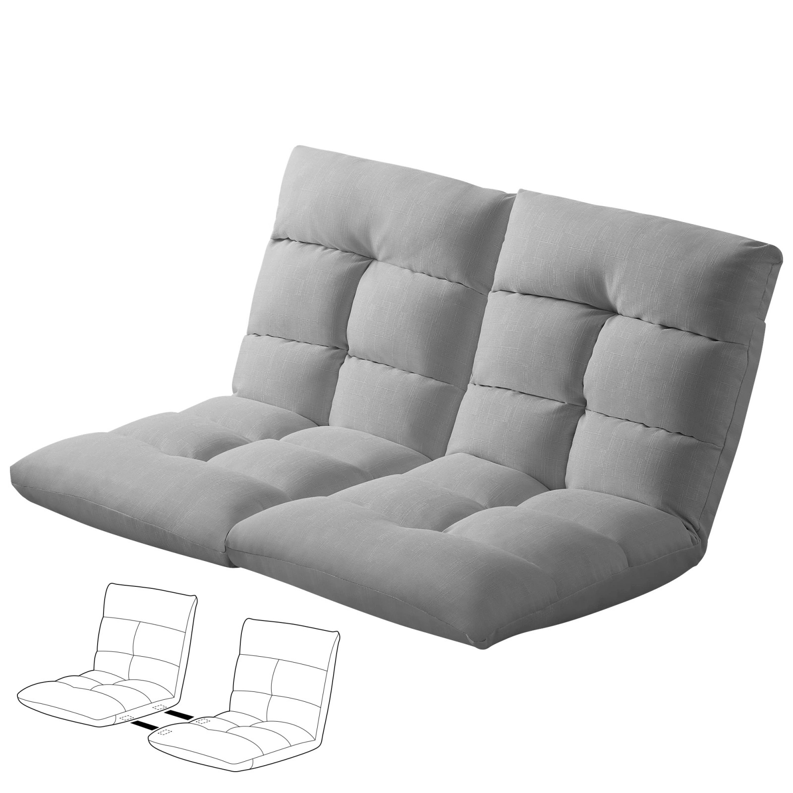 ローソファ　座椅子2人掛け フロアソファ 左右分けて可能 リクライニング 折りたたんでコンパクトに収納 グレー【日本国内出荷-3日で配達】DJYC204