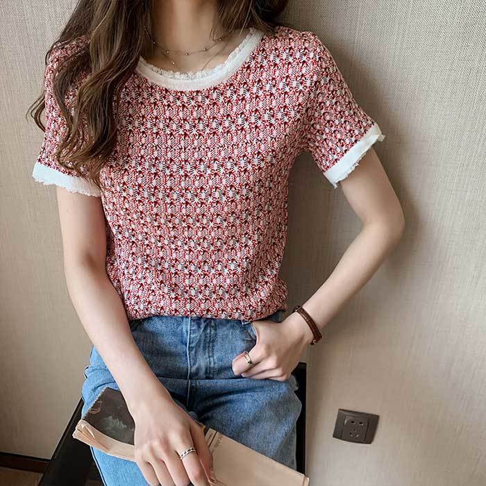 ニット サマーニット レディーストップス 大人 ツイード バイカラー 半袖 トップス Uネック ブラウス シャツ おしゃれ 夏 きれいめ 可愛い レディース 5,121円