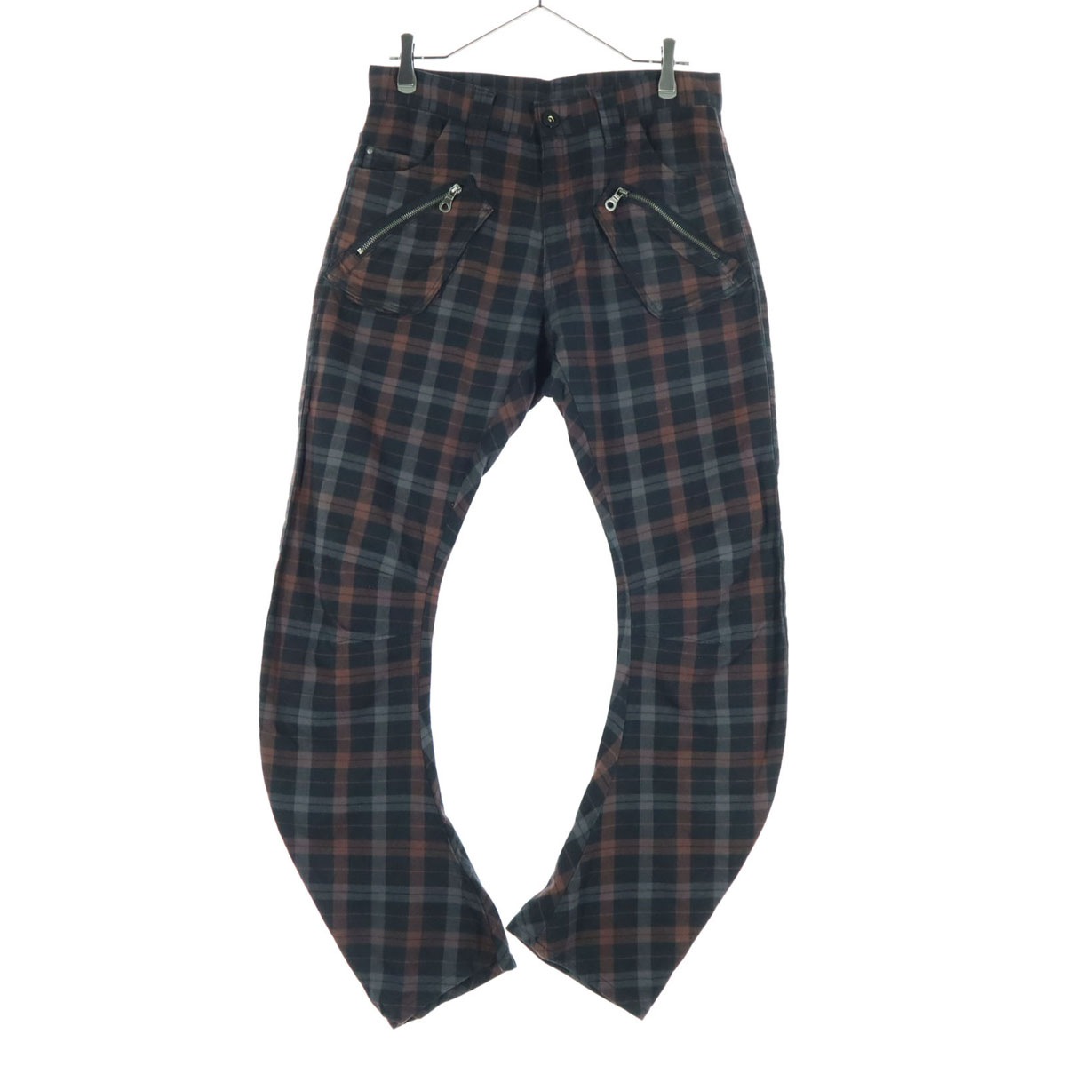 美品 PPFM ピーピーエフエム チェック柄 立体裁断 コットンパンツ ブラウン メンズ 古着