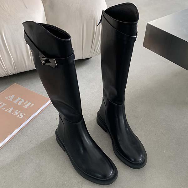 アンバランス装飾ストラップ 女性用アングルアンクルロングブーツ 3cm rumt6030 1_P352959448