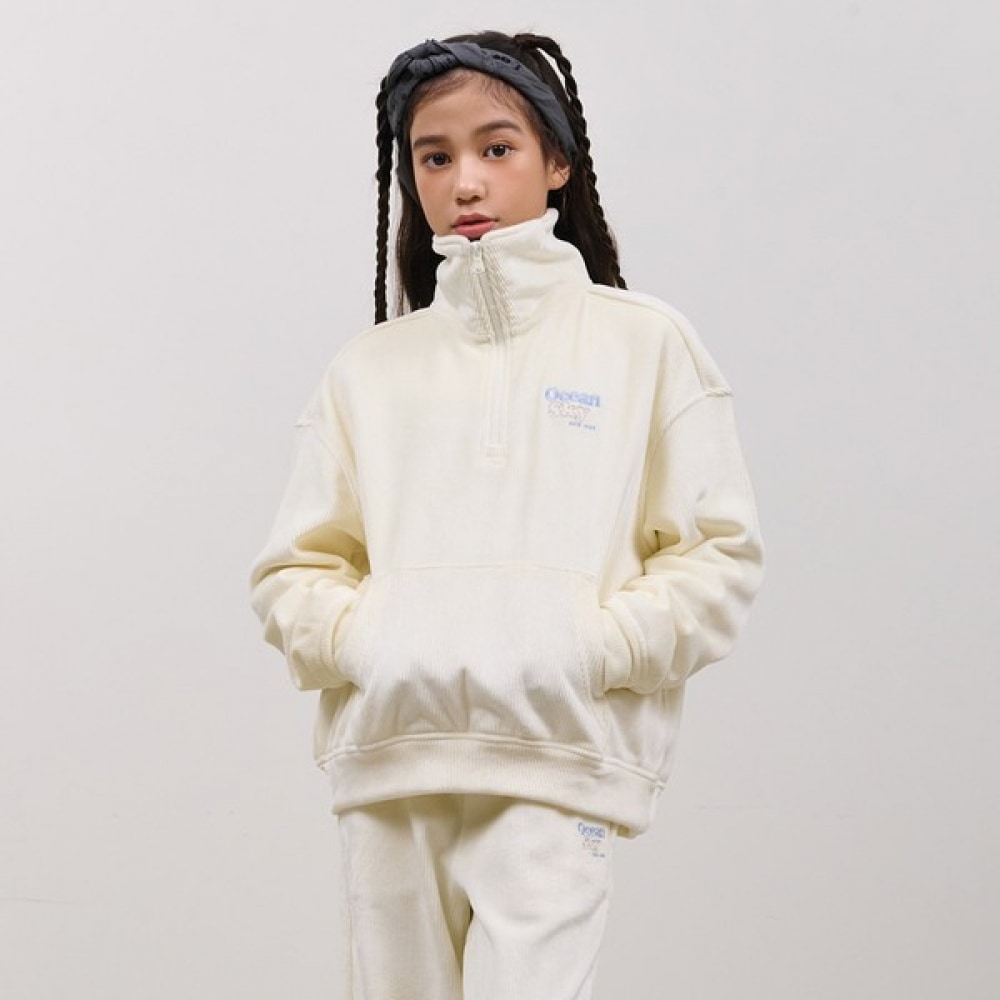 (オーシャンスカイ) 女の子用リブ付きハーフジップアップ起毛スウェットシャツ-DFJG5178D0A