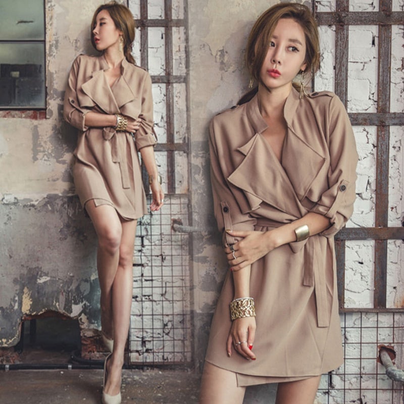 フレアスカート ワンピース 結婚式 袖付き 膝丈 フリル襟ポイントセクシーなトレンチコート3色 レディース 春 5,042円