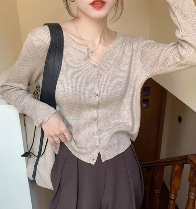 トップス デート モテアイテム カーディガン ニットソー 長袖 リブ ニット コットン 大人可愛い きれいめ 上品 おしゃれ かっこいい 大人可愛い ラブリー キュート ガーリー クール モード系