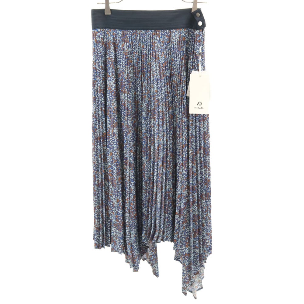 未使用 ジアディ 日本製 総柄 ロング丈 アシンメトリー プリーツスカート 38 ネイビー系 THE AD+ タグ付き レディース