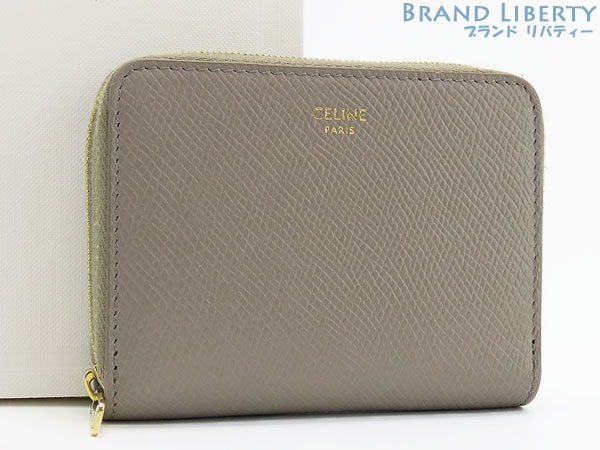 外超美品セリーヌコンパクトジップドウォレットコインケースコインパース小銭入れコンパクト財布ぺブルグレーベージュ