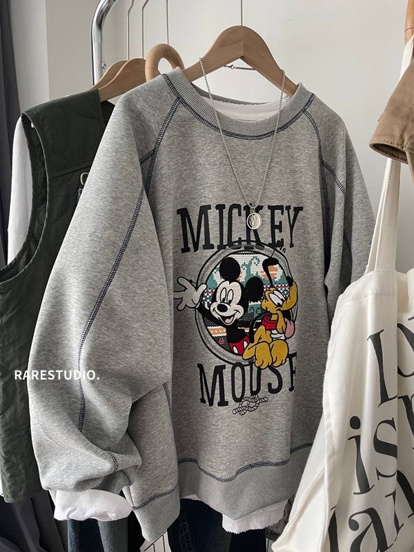 韓国の秋の新作トップステッチ厚手の刺繍グーフィーデザインラウンドネックルーズスウェットシャツレディース多用途女性