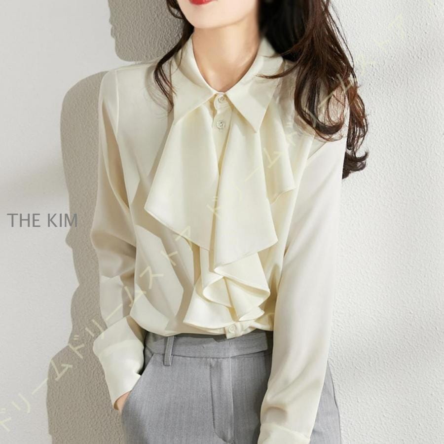 【急速出荷!】シャツ リボン フリル ブラウス レディース スーツ 長袖 ビジネス シフォンブラウス 立ち襟 おしゃれ エレガント ワイシャツ ロング袖 フォーマル 通勤 L 5,541円