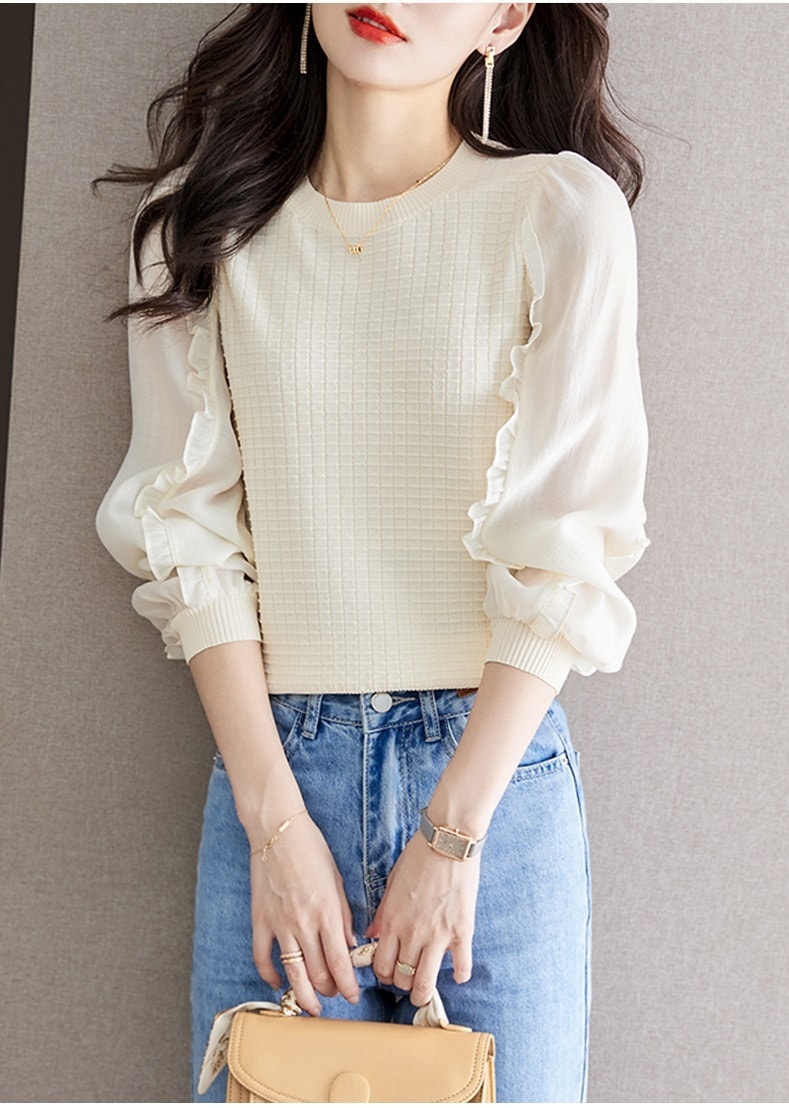 秋 長袖 シャツ 女性 ファッション デザイン センス ニッチ ニットトップ クリーミーホワイト M L XL XXL トップス 袖あり かわいい 大人可愛い きれいめ シンプル カジュアル 大人