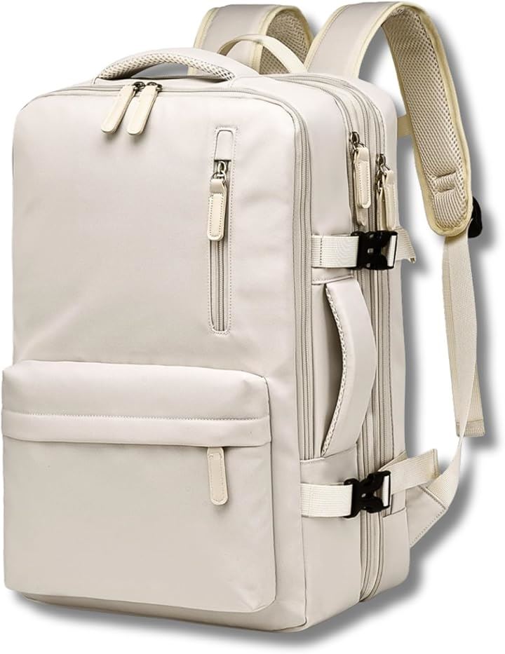 ビジネスリュック 機内持ち込み レディース PC対応 撥水 軽量 3層構造 拡張30L キャリーオン スクエア型 通勤 出張 旅行 (アイボリー系)