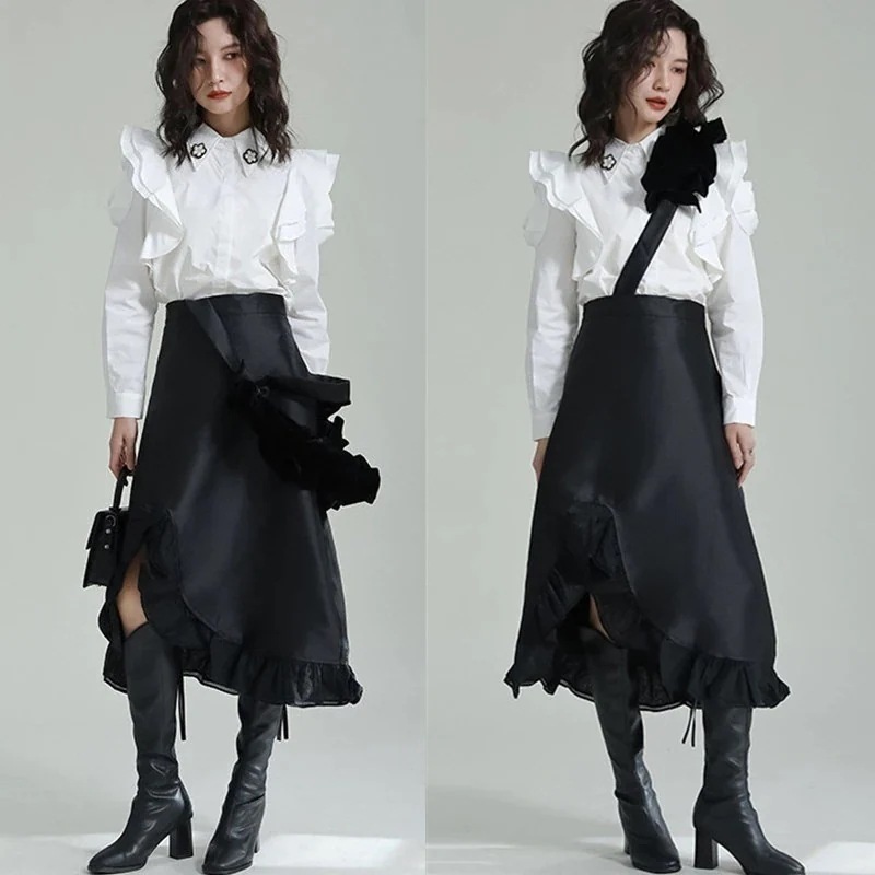 【J.Fashion】 外す可能2way肩ベルト 不規則 フレア レース裾 ミドル丈スカート レディース スリット ドッキング ロングスカート メガ割30%までに制限