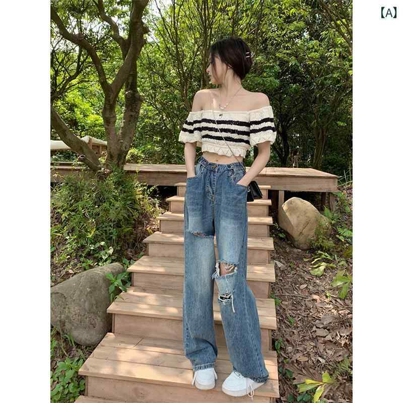 デニムパンツ レディース ダメージ ジーンズ クラッシュ ボトムス 夏 薄手 ストレート ハイウエスト ワイドパンツ 韓国 おしゃれ カジュアル ブルー