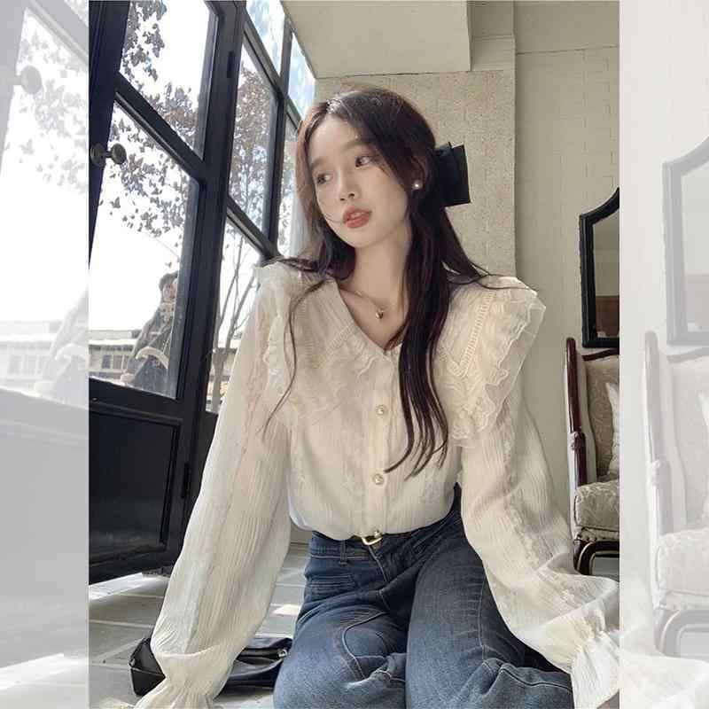 質感改良！フレンチ 秋 ゆったり レディース お洒落 パフスリーブシャツ ブラウス 美 ホワイト トップス キレイ 可愛い